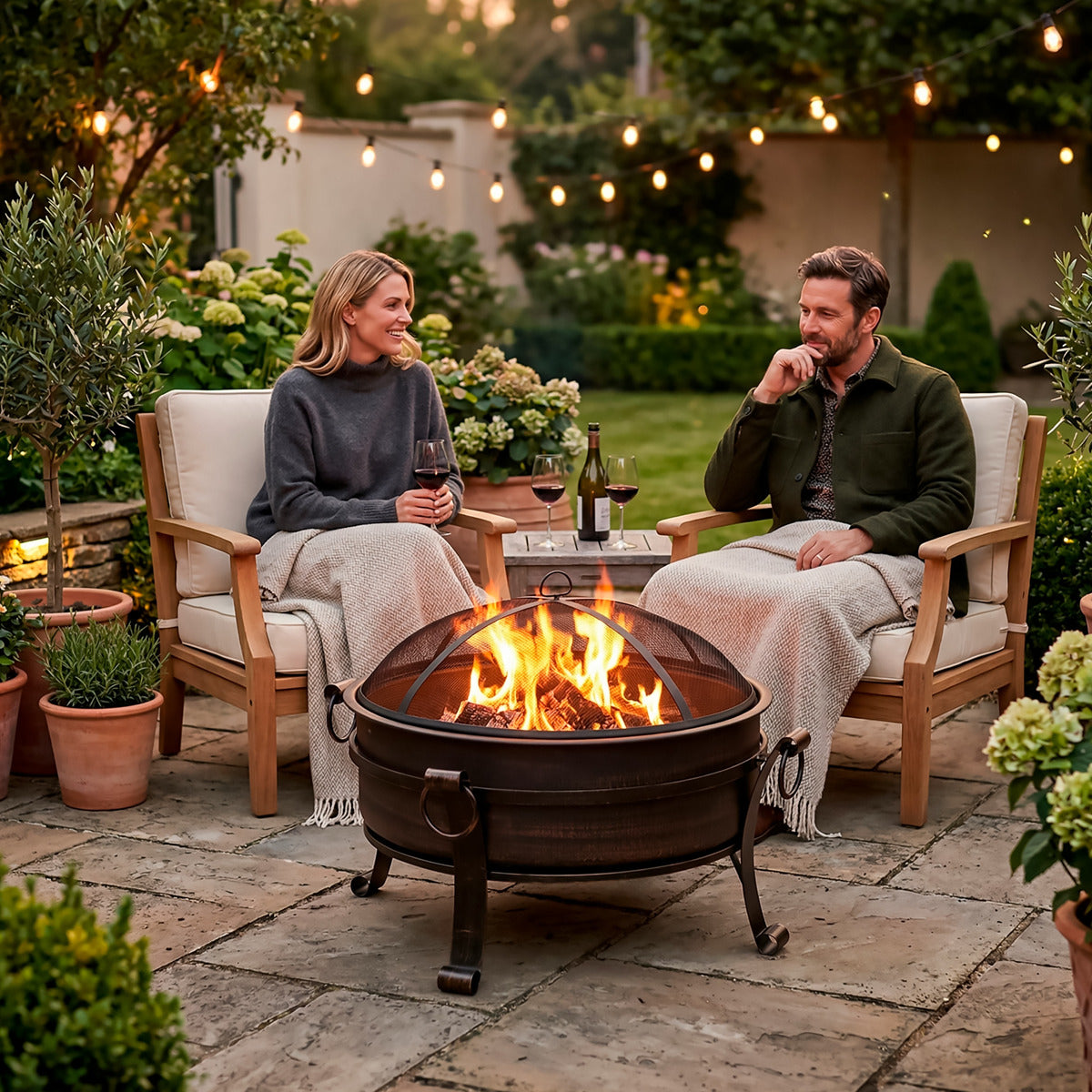 Dellonda Deluxe 2-in-1 Outdoor Fire Pit/Coffee Table with Drawstring Cover 93cm Antique Bronze Effect DG237