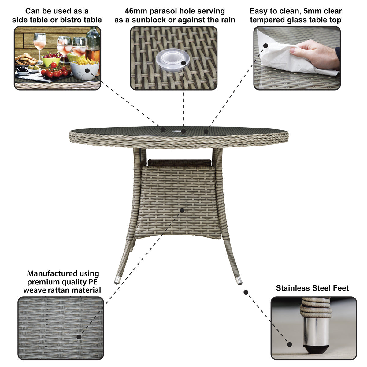 Dellonda Chester Rattan Wicker Round Outdoor Dining Table with Tempered Glass Top DG66
