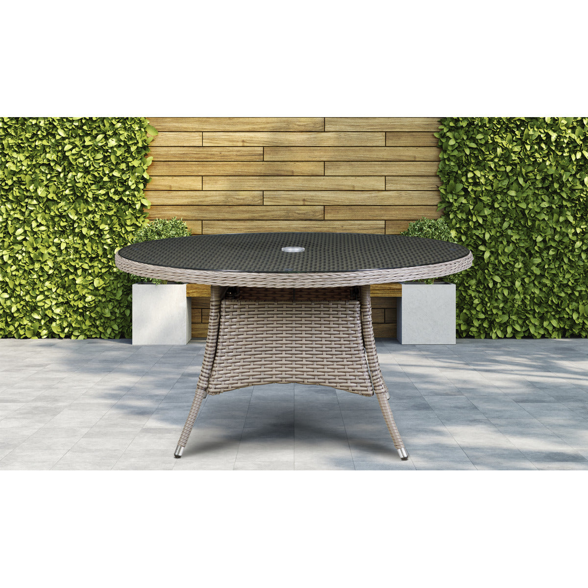 Dellonda Chester Rattan Wicker Round Outdoor Dining Table with Tempered Glass Top DG67