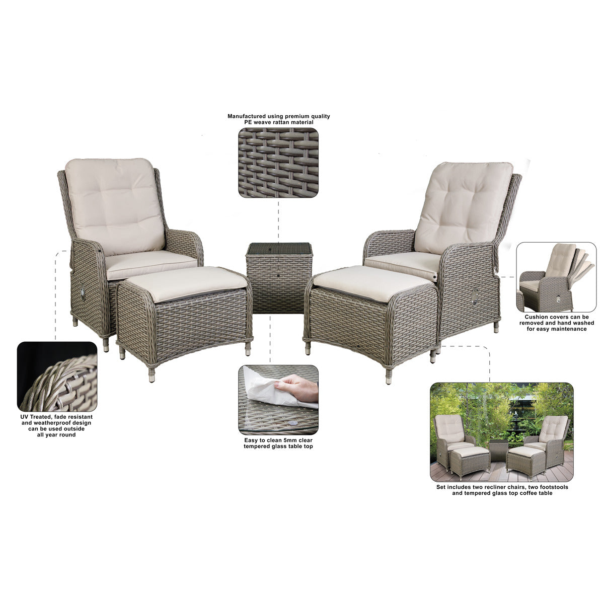 Dellonda Chester Rattan Wicker Outdoor Recliner Loungers & Table Set 5pc DG68