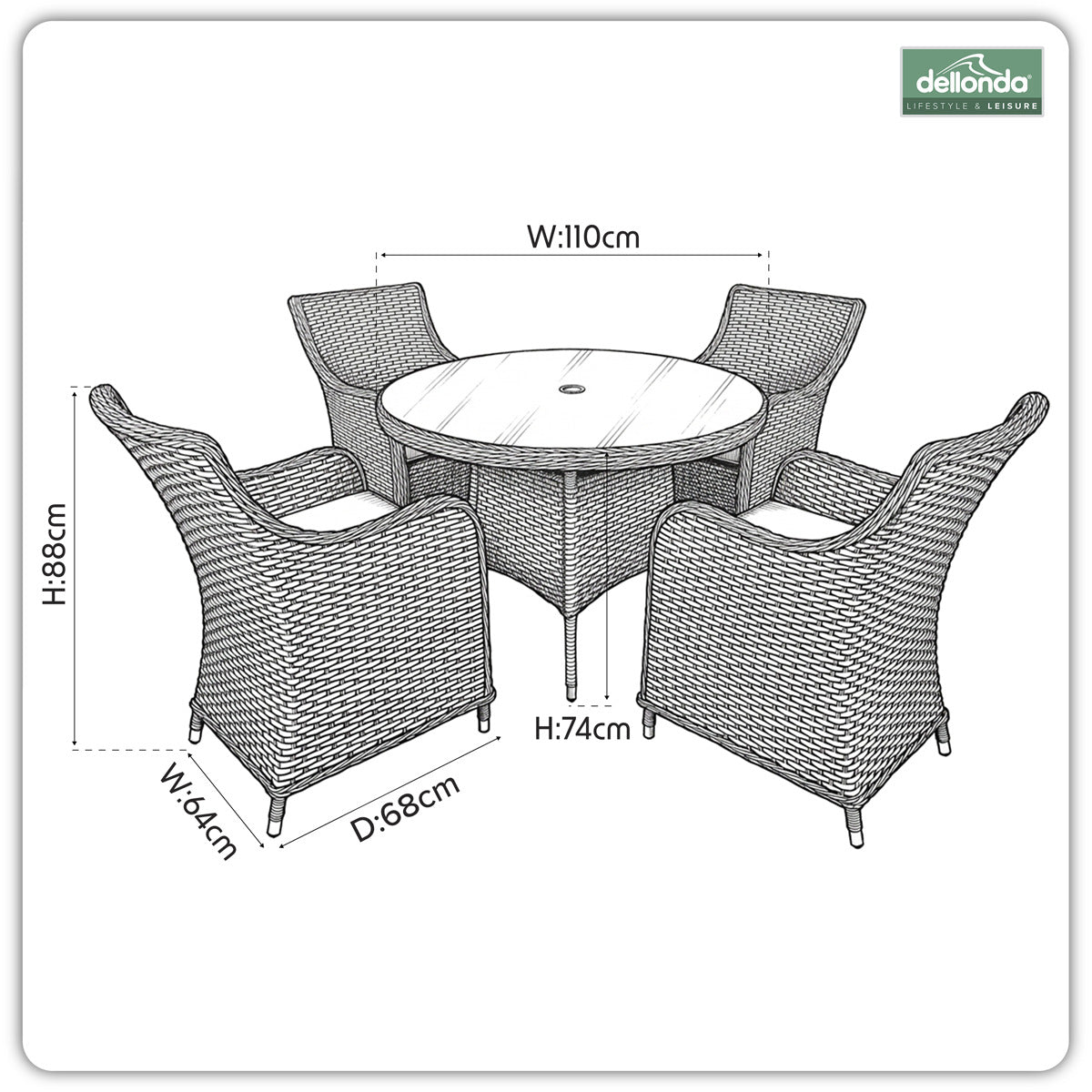 Dellonda Chester Rattan Wicker Outdoor Dining Set with Tempered Glass Tabletop 5pc DG84