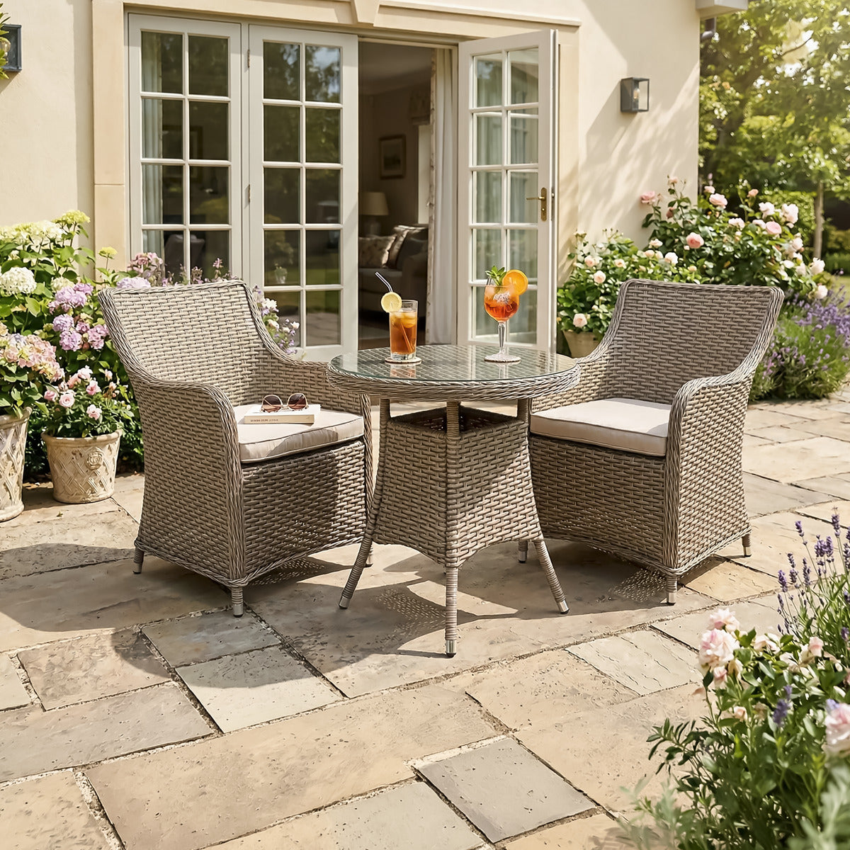 Dellonda Chester Rattan Wicker Outdoor Dining Set with Tempered Glass Tabletop 3pc DG86
