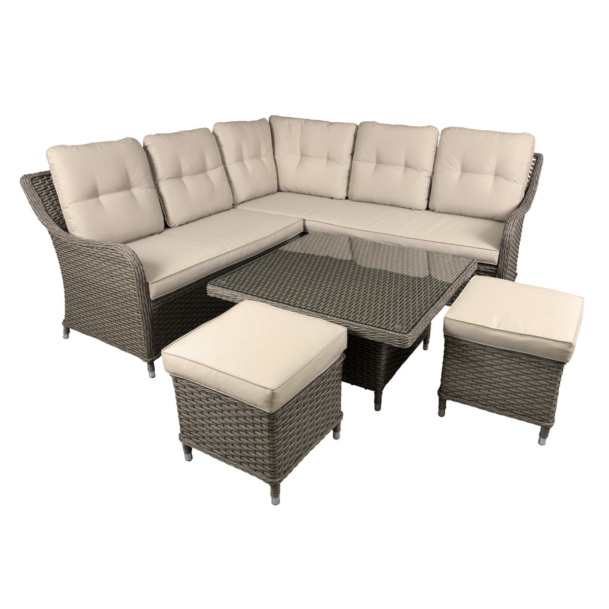 Dellonda Chester Rattan Wicker Outdoor 5-Seater Corner Sofa, Adjustable Table & Footstools Set 5pc DG89