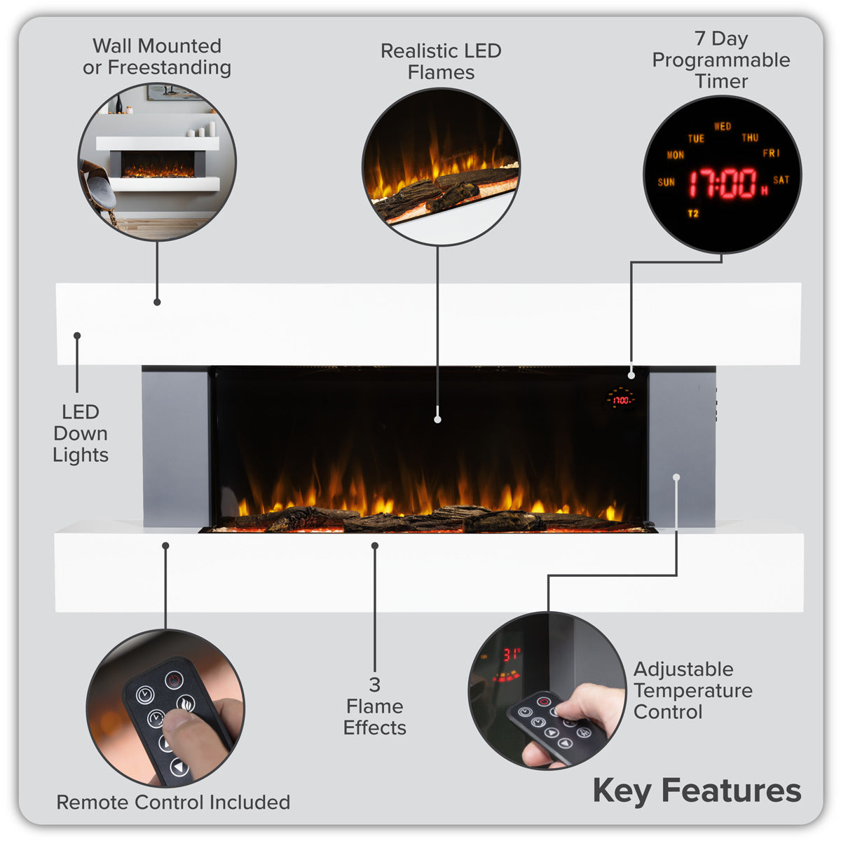 Baridi Wall Mounting Electric Fireplace with LED Flame Effect 52" - Grey DH112
