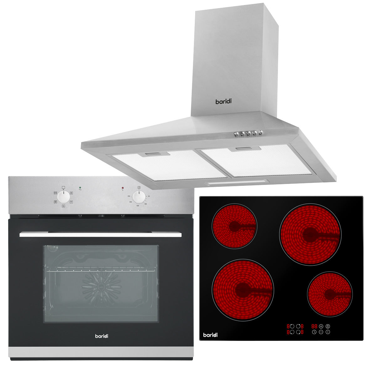 Baridi Integrated Ceramic Hob with 4 Cooking Zones, Integrated Fan-Assisted Electric Oven & Cooker Hood with Carbon Filters DH188