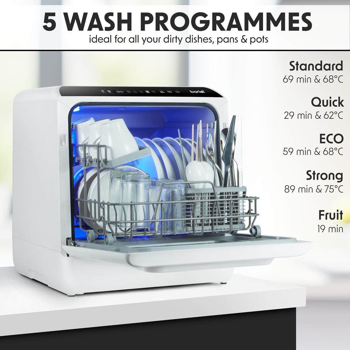 Baridi 2-4 Place Settings Mini Portable Tabletop Dishwasher, 5 Wash Functions - Image 5