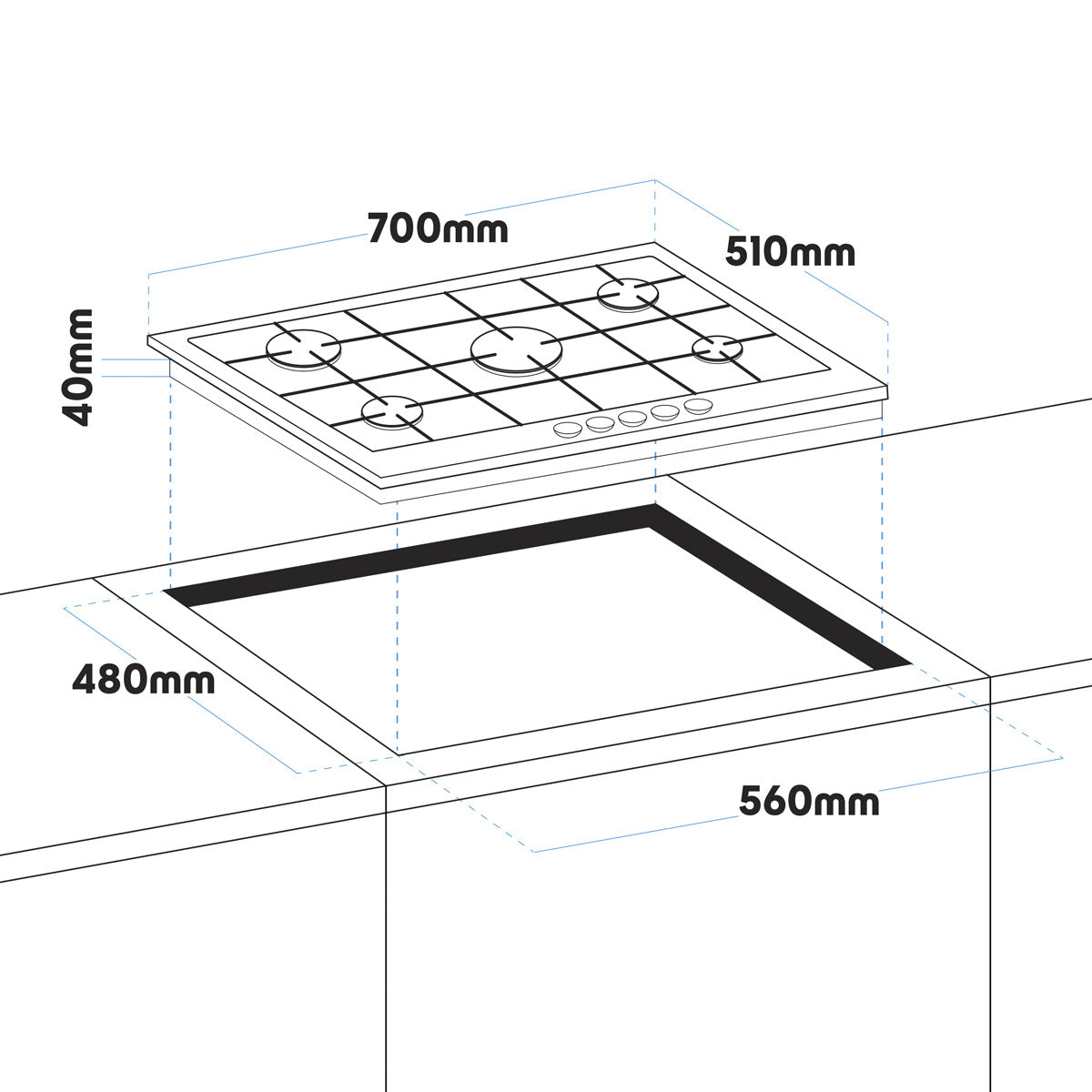 Baridi Gas Hob with 5 Cooking Zones 70cm - Black DH228