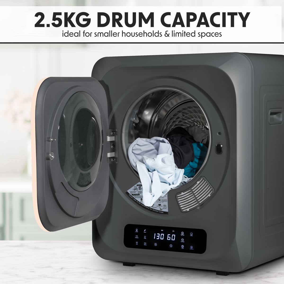 Baridi Tabletop Tumble Dryer with Digital Controls 2.5kg Capacity - Black - Image 8