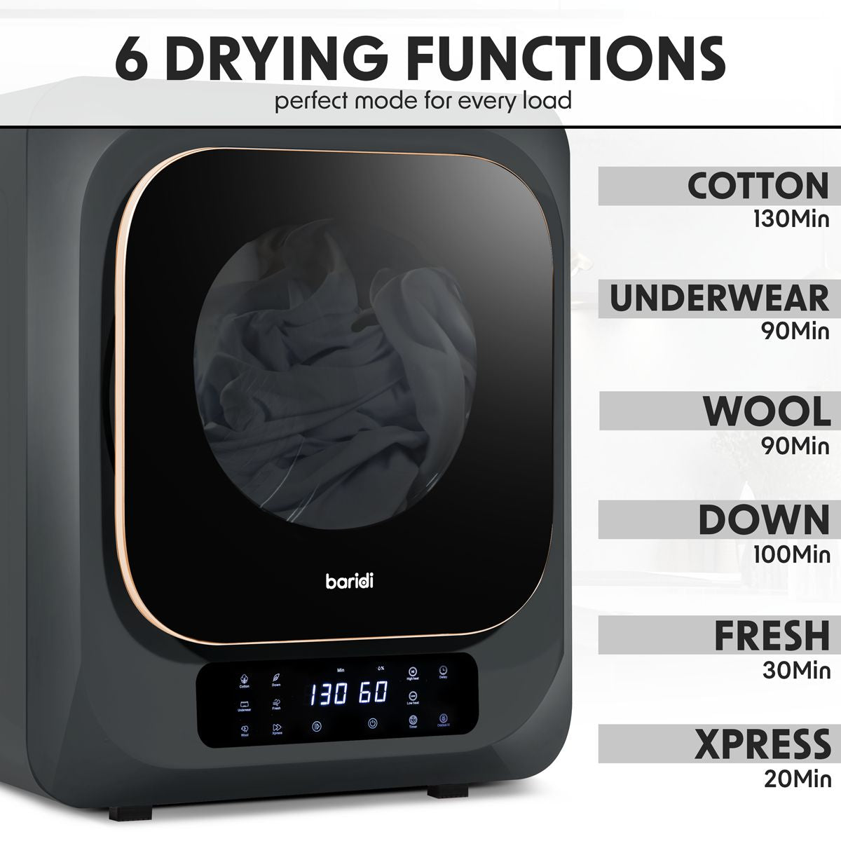 Baridi Tabletop Tumble Dryer with Digital Controls 2.5kg Capacity - Black - Image 10