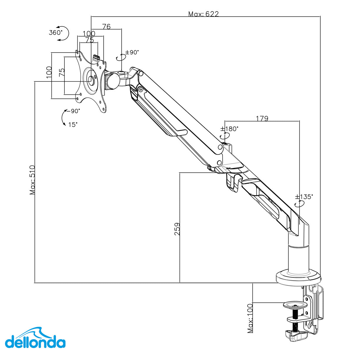 Dellonda Adjustable Single Monitor Arm with 360° Rotation - White DH26