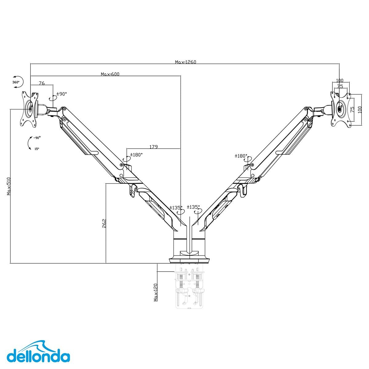 Dellonda Adjustable Double Monitor Arm with 360° Rotation - White - Image 5