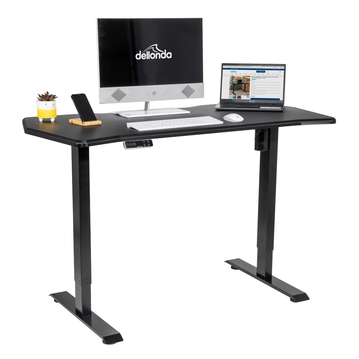 Dellonda Carbon Fibre Effect Electric Height Adjustable Standing Desk with Memory, Quiet, 1400 x 700mm DH43