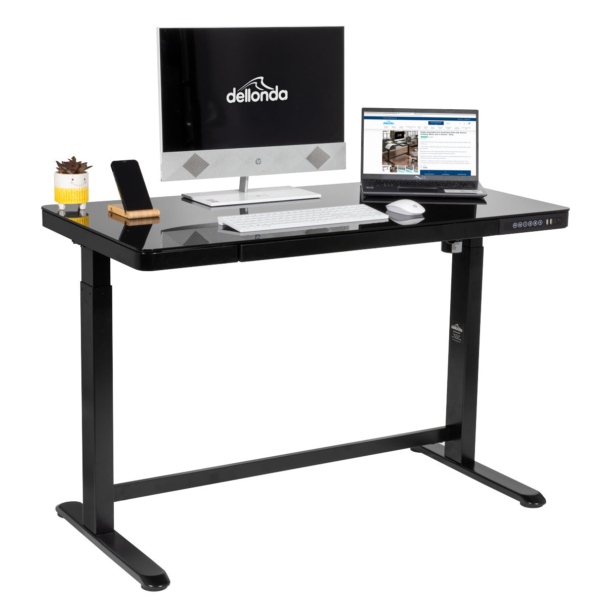 Dellonda Single Motor Ultra-Quiet Electric Desk with Control Panel, USB Port & Drawer - Black Desktop DH53