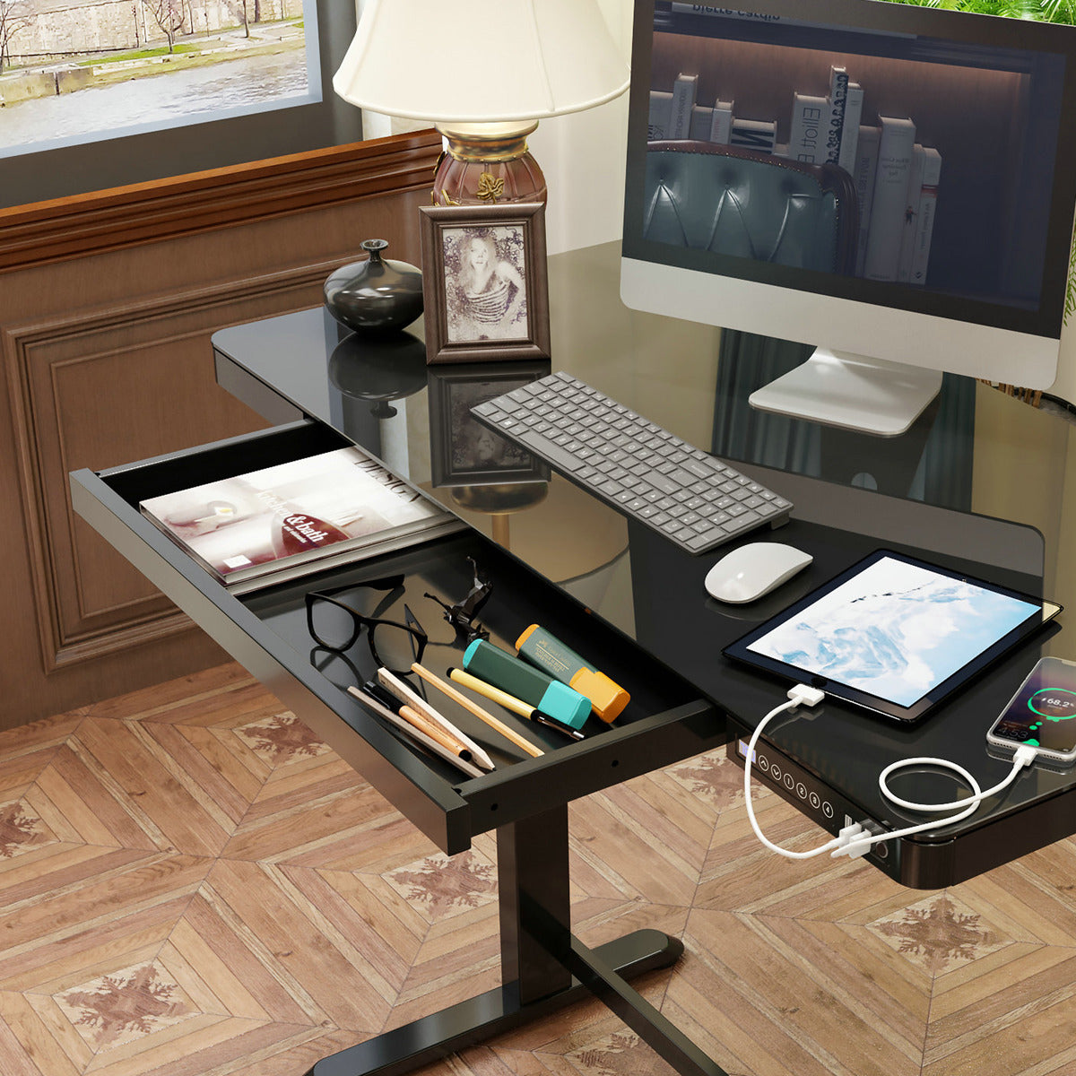 Dellonda Single Motor Ultra-Quiet Electric Desk with Control Panel, USB Port & Drawer - Black Desktop DH53