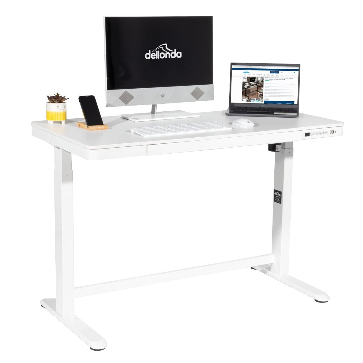 Dellonda Ultra-Quiet Electric Desk with Control Panel, USB Port & Drawer - White Desktop - Image 5
