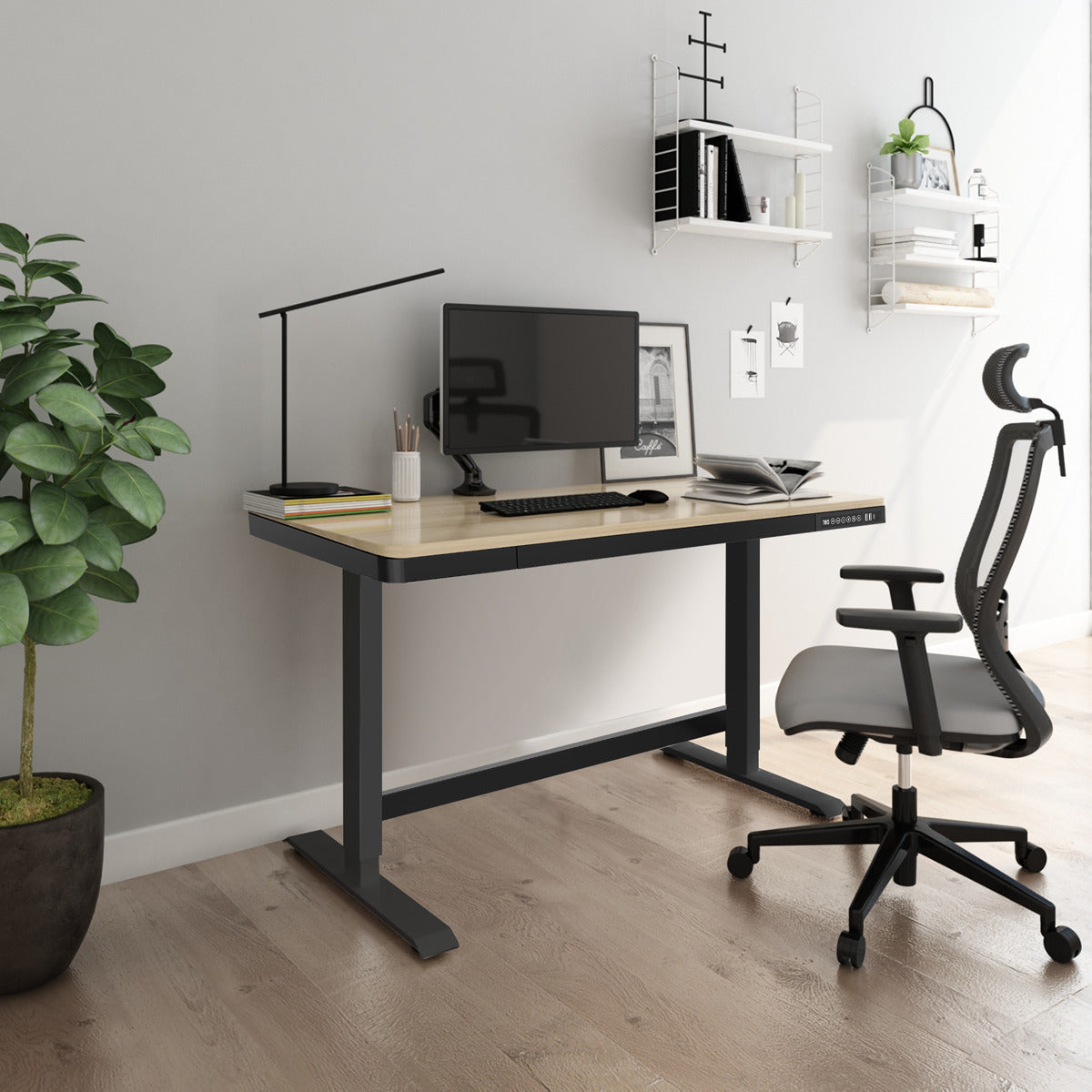 Dellonda Single Motor Ultra-Quiet Electric Desk with Control Panel, USB Port & Drawer - Oak Desktop DH65