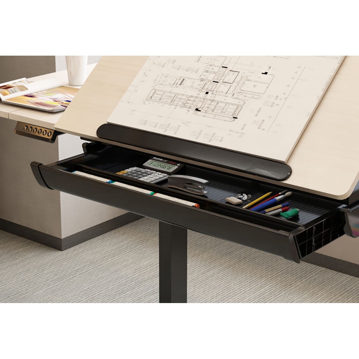 Dellonda Ultra-Quiet Electric Adjustable Drawing Table with 40 Tilt, Drawer & Side Table - Image 7