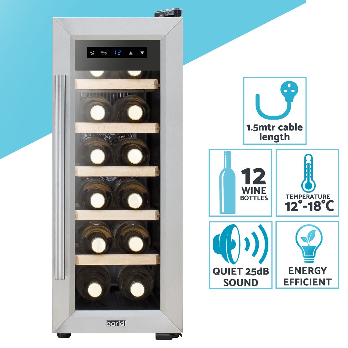 Baridi 12 Bottle Wine Fridge & Cooler - Stainless Steel - Image 7
