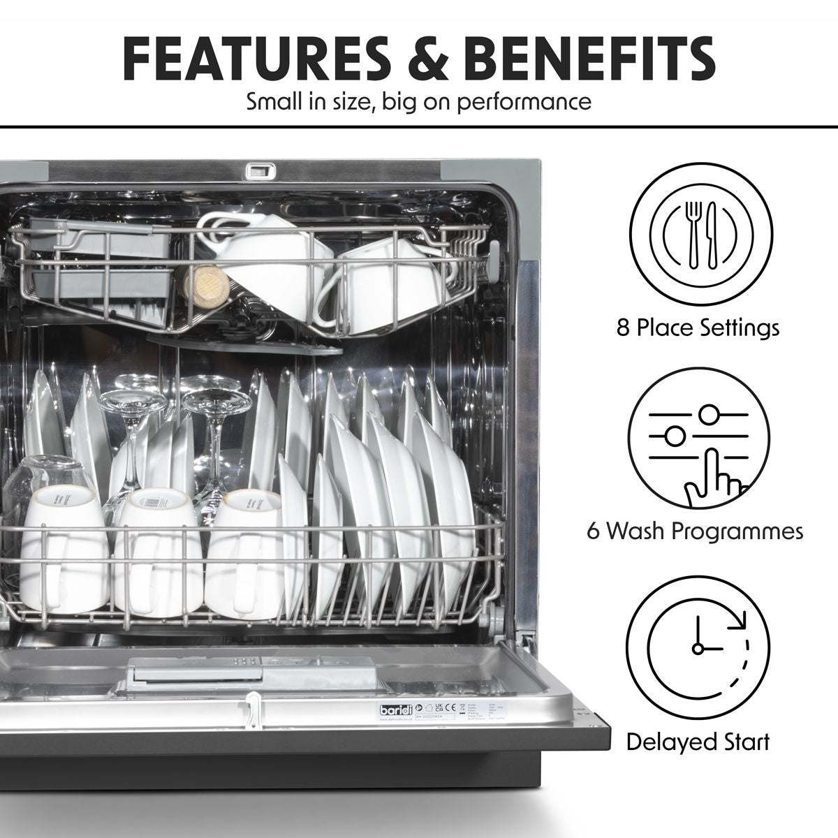 Baridi Tabletop Dishwasher 8 Place Settings 8L Capacity - Black - Image 4