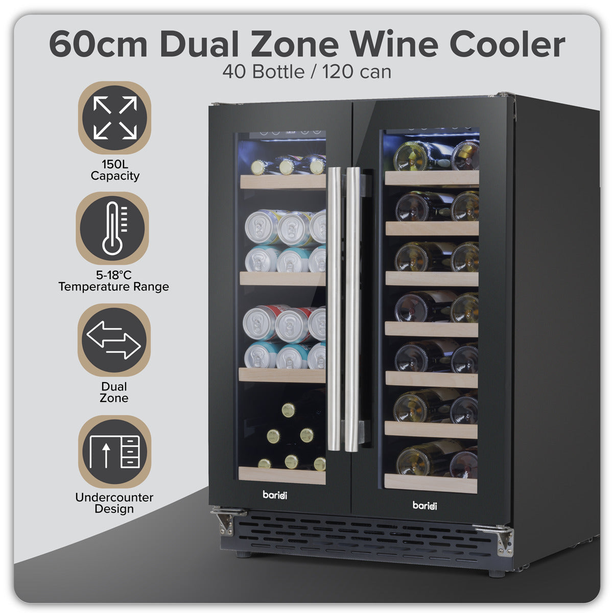 Baridi 40 Bottle/120 Can Dual Zone Undercounter/Freestanding Wine & Drinks Fridge - Black DH96