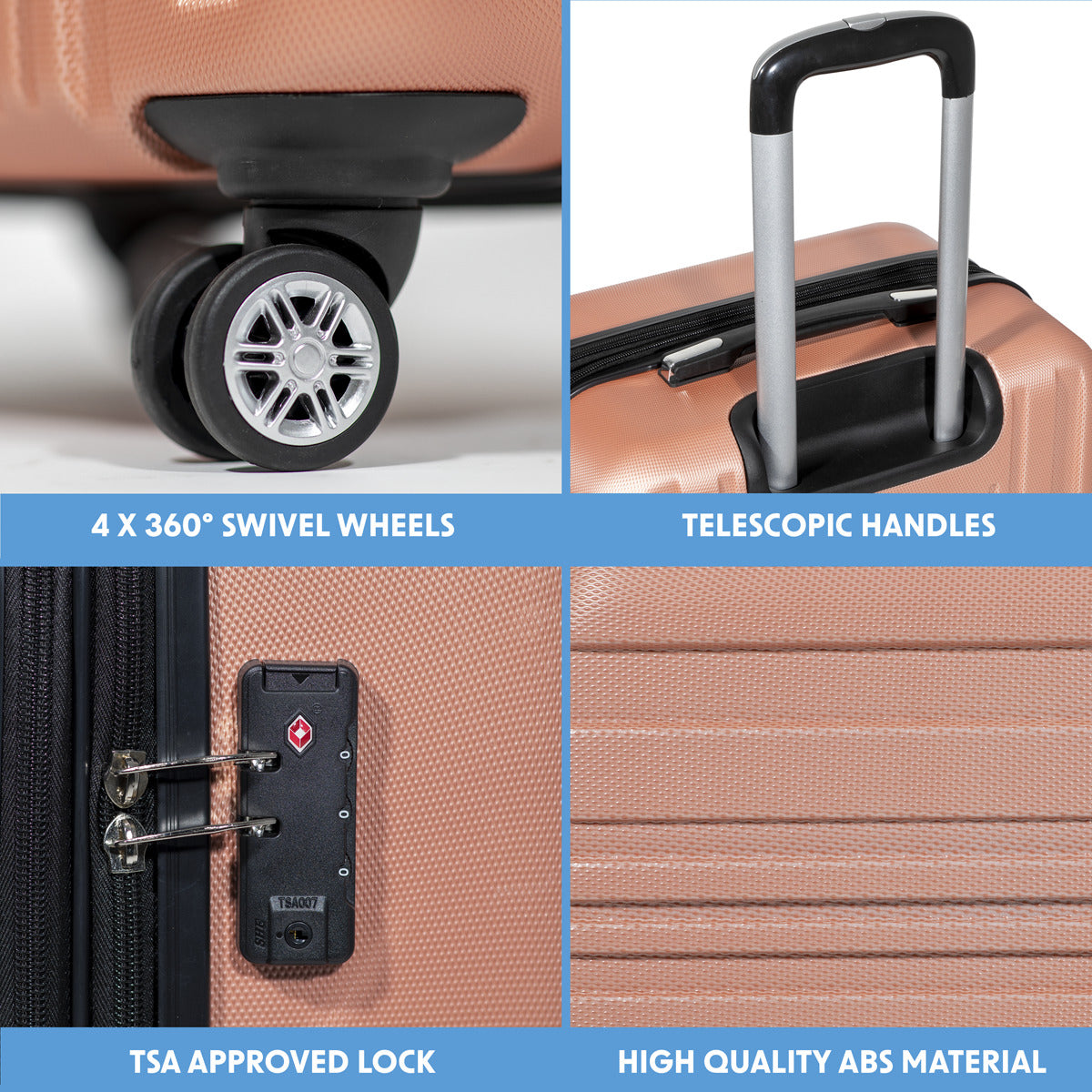 Dellonda Lightweight ABS Luggage Set with TSA Lock - Rose Gold DL125