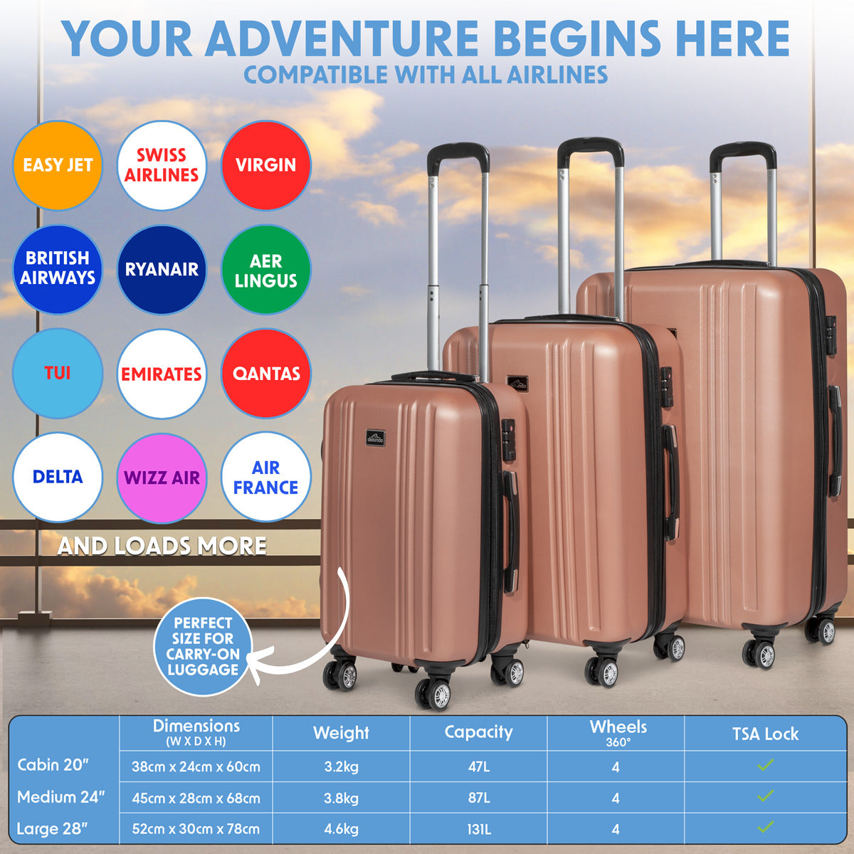 Dellonda Lightweight ABS Luggage Set with TSA Lock - Rose Gold DL125