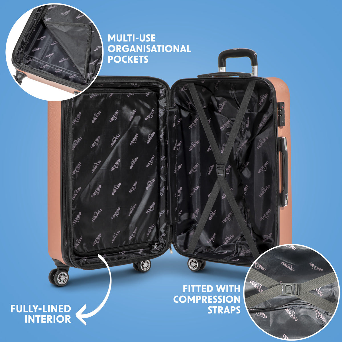 Dellonda Lightweight ABS Luggage Set with TSA Lock - Rose Gold DL125