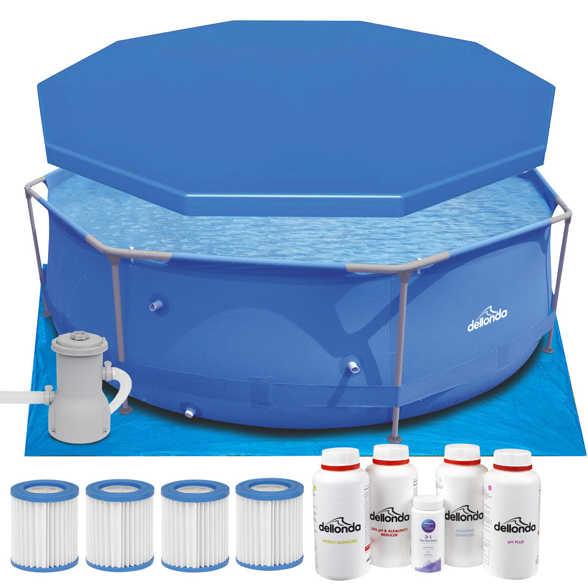 Dellonda Steel Frame Round Swimming Pool & Filter Pump with Cover, Ground Sheet, Test Strips, Starter Kit & Filters 10ft - Blue DL137