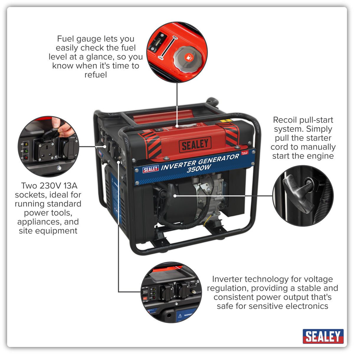 Sealey 3500W Inverter Generator 4-Stroke Engine 230V GI3500