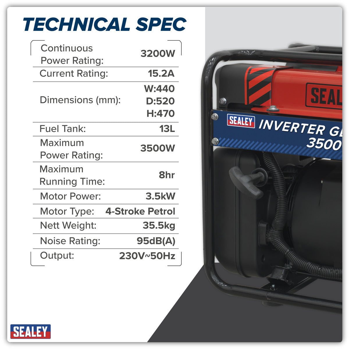 Sealey 3500W Inverter Generator 4-Stroke Engine 230V GI3500