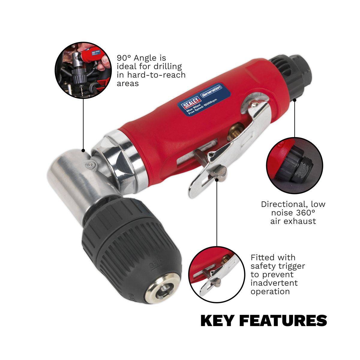 Sealey Generation Air Angle Drill with Keyless Chuck 10mm - Image 6