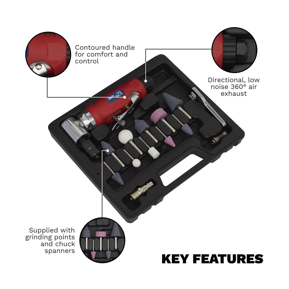 Sealey Generation 90° Angle Air Die Grinder Kit 15pc - Image 4
