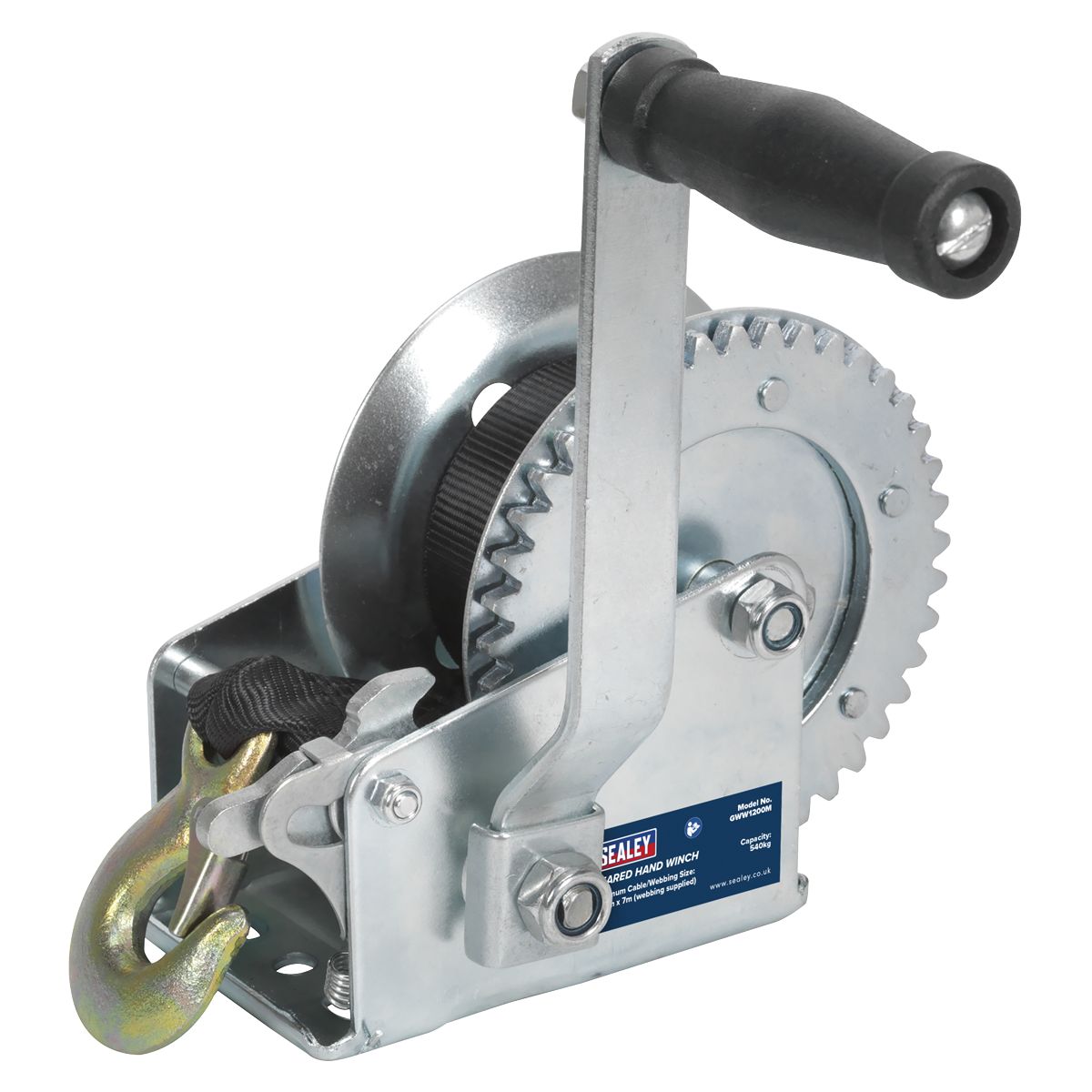 Sealey Geared Hand Winch with Webbing Strap 540kg Capacity - Image 1