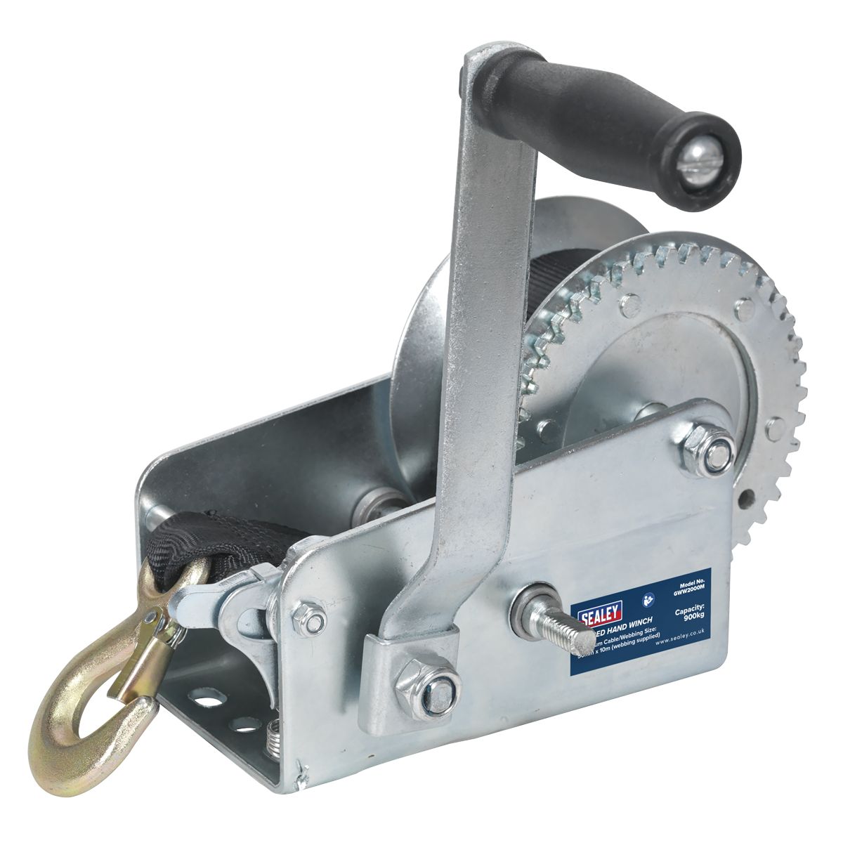 Sealey Geared Hand Winch with Webbing Strap 900kg Capacity - Image 1