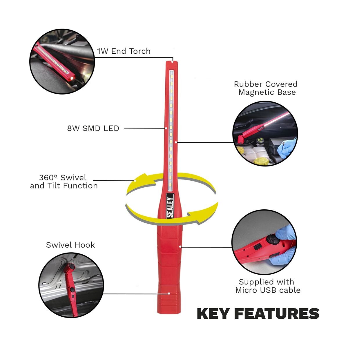 Sealey Rechargeable 360° Slim Inspection Light 8W & 1W SMD LED - Red - Image 2