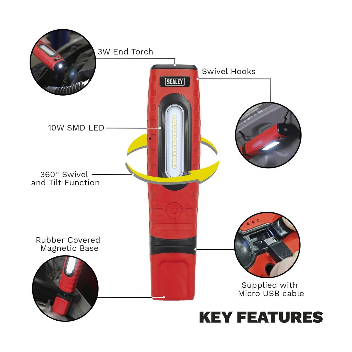 Sealey Rechargeable 360° Inspection Light 10W & 3W SMD LED - Red - Image 2