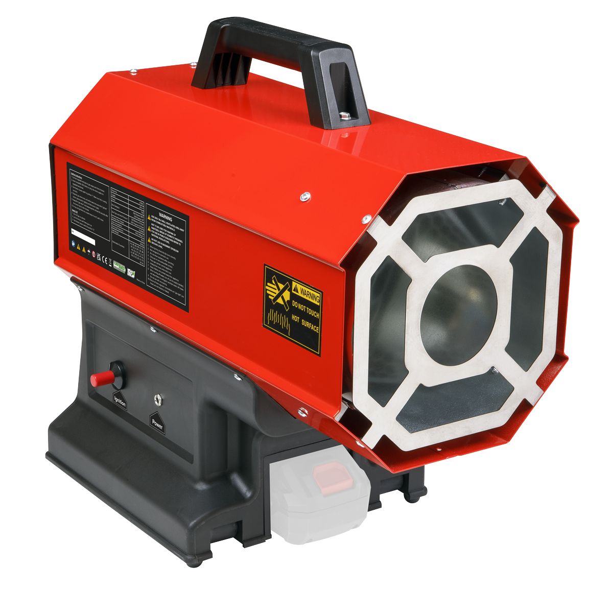 Sealey 230V Space Warmer Propane Heater 30,000-68,000Btu/hr (9-20kW) with 20V 4Ah Kit - Image 3