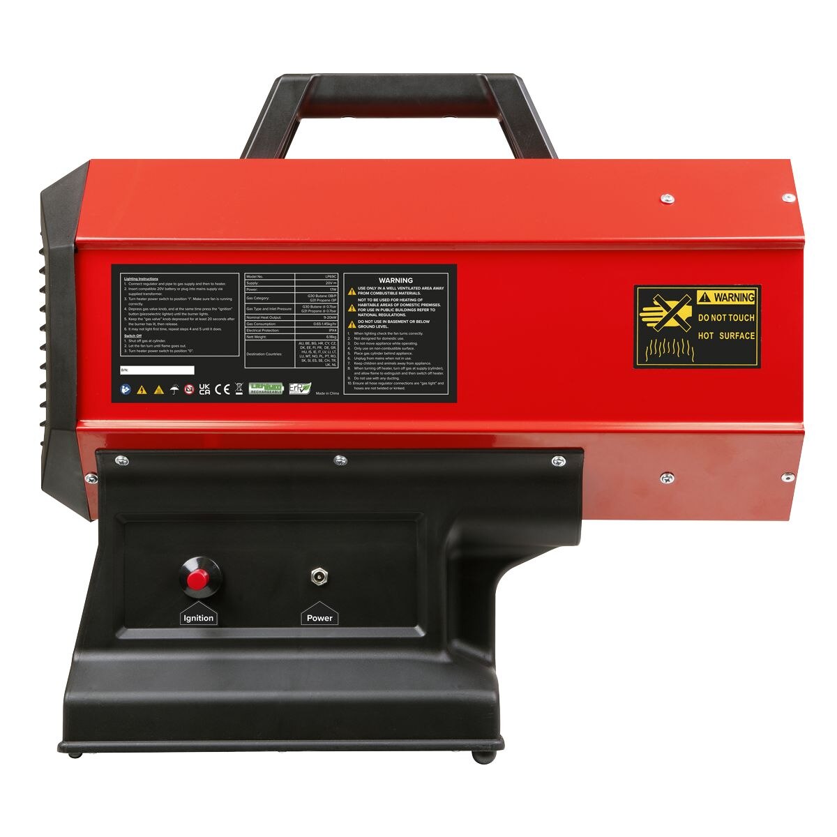 Sealey 230V Space Warmer Propane Heater 30,000-68,000Btu/hr (9-20kW) with 20V 4Ah Kit - Image 8