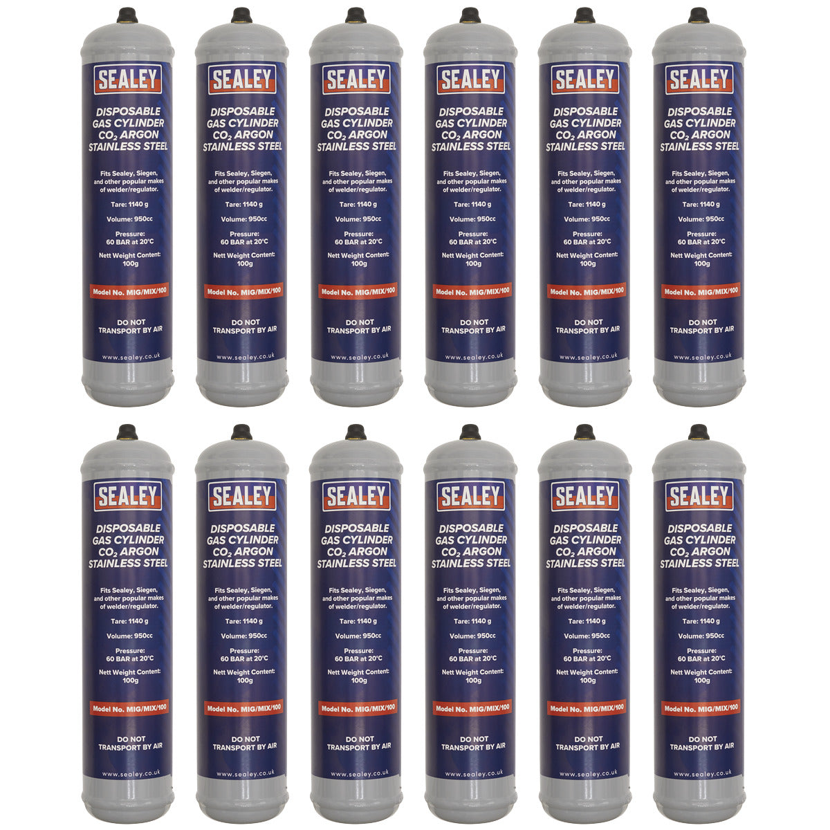 Sealey Disposable Carbon Dioxide/Argon Gas Cylinder 100g - Box of 12 MIG/MIX/100/12