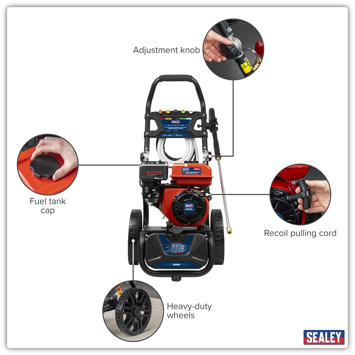 Sealey Pressure Washer 198bar 513L/hr Self-Priming 5.8hp Petrol PWM2500SP