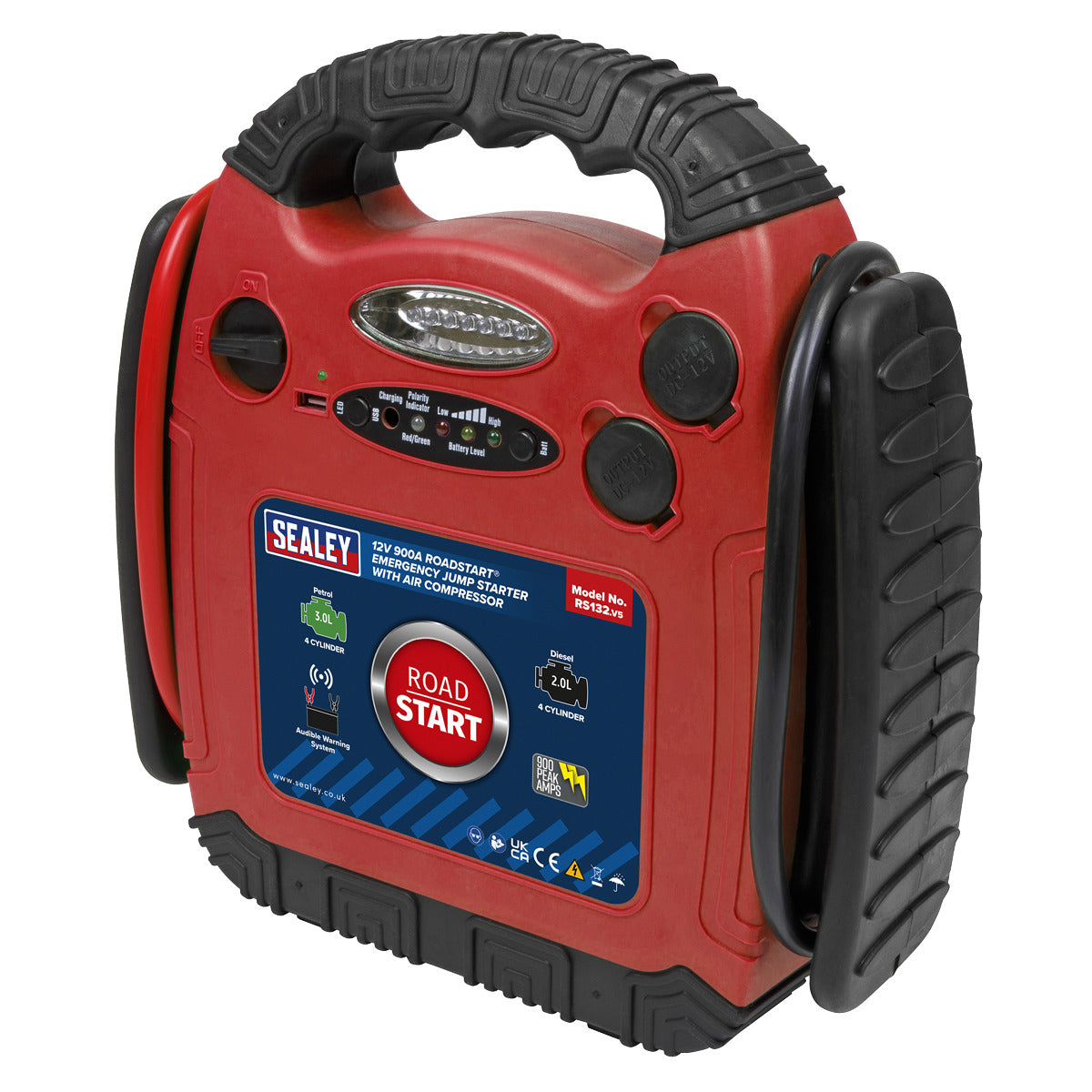 Sealey RoadStart 12V Emergency Jump Starter with Air Compressor 900 Peak Amps RS132