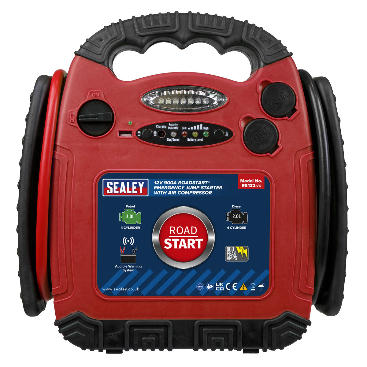 Sealey RoadStart 12V Emergency Jump Starter with Air Compressor 900 Peak Amps RS132