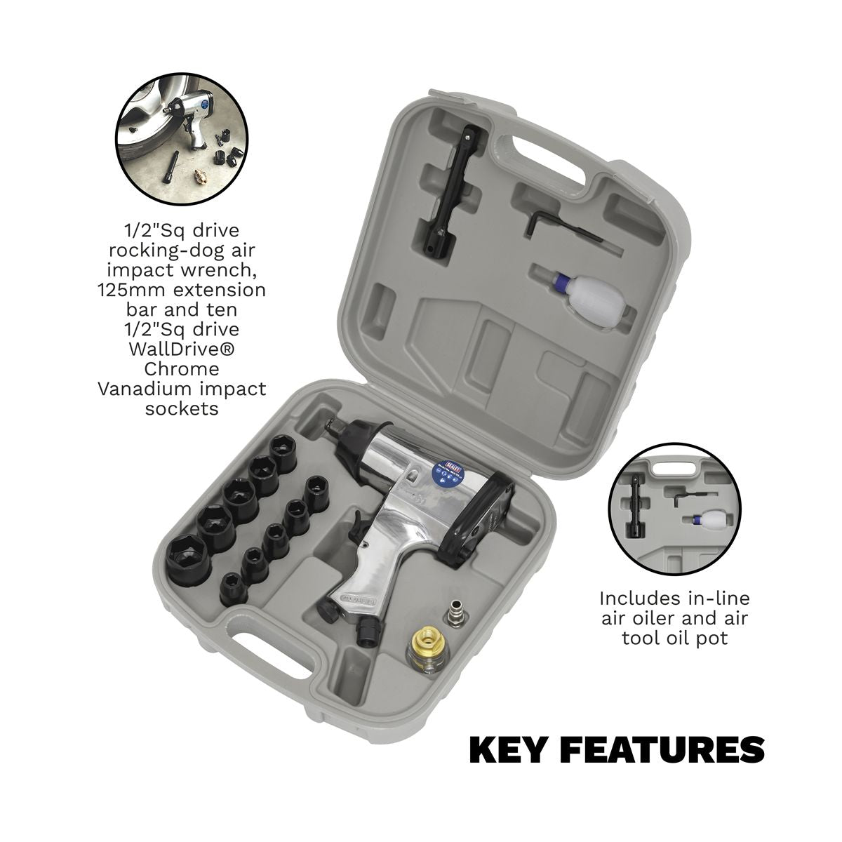 Sealey Air Impact Wrench Kit with Sockets 1/2"Sq Drive - Image 3