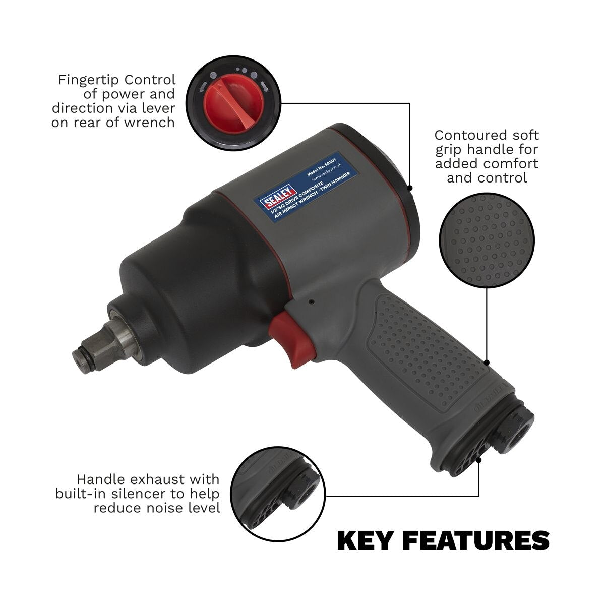 Sealey Composite Twin Hammer Air Impact Wrench 1/2"Sq Drive - Image 3