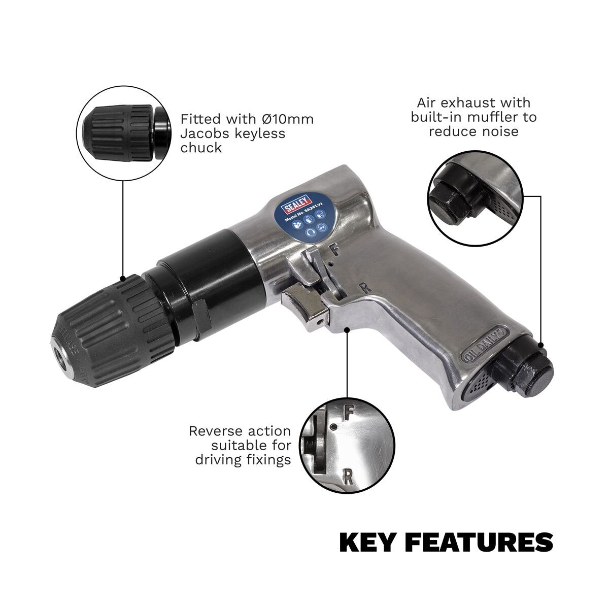 Sealey Reversible Air Drill 10mm with Keyless Chuck - Image 2