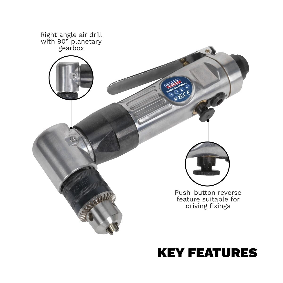 Sealey Reversible Air Angle Drill 10mm - Image 4