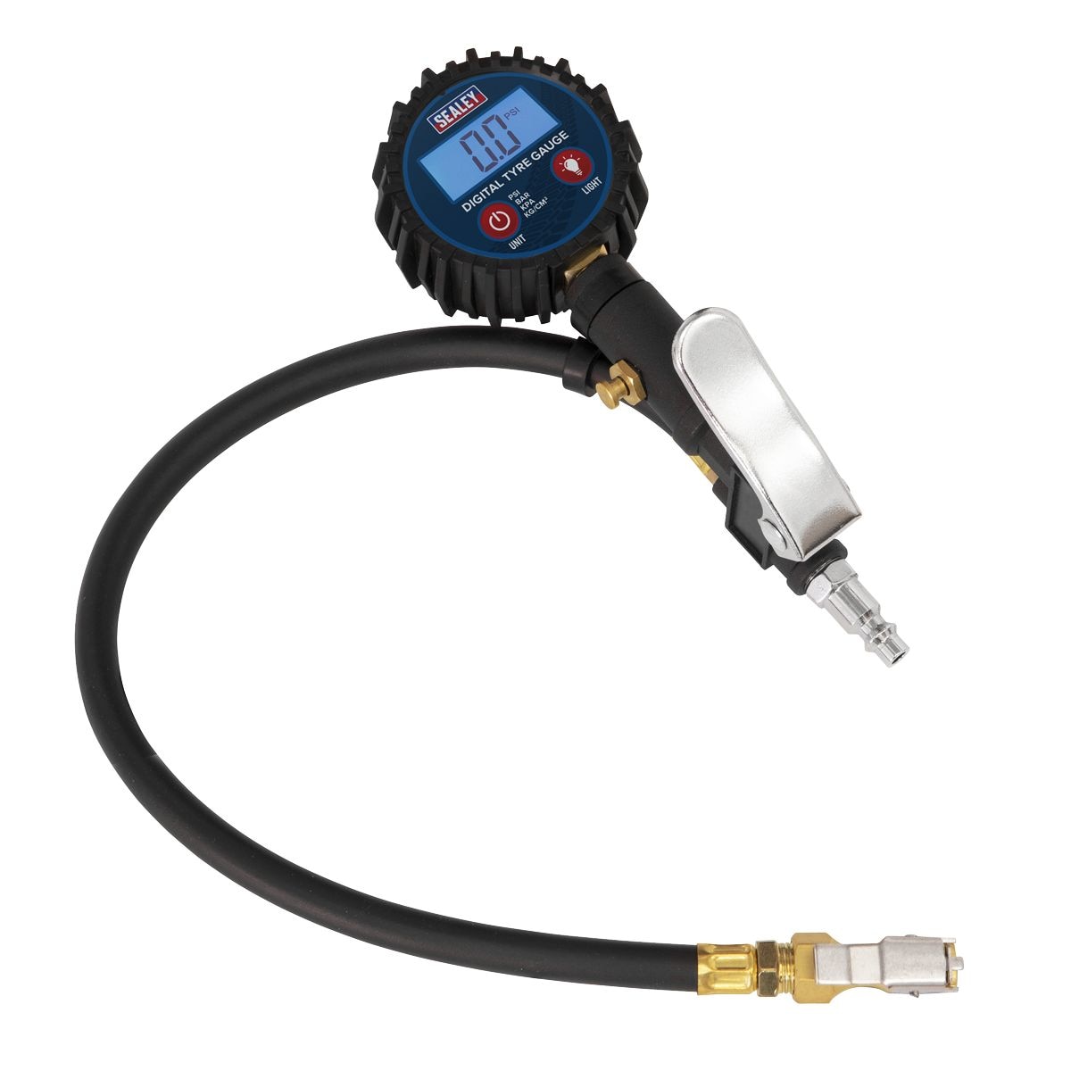 Sealey Compact Digital Tyre Inflator with Clip-On Connector, Display, LCD Backlit screen, 0-100psi - Image 1