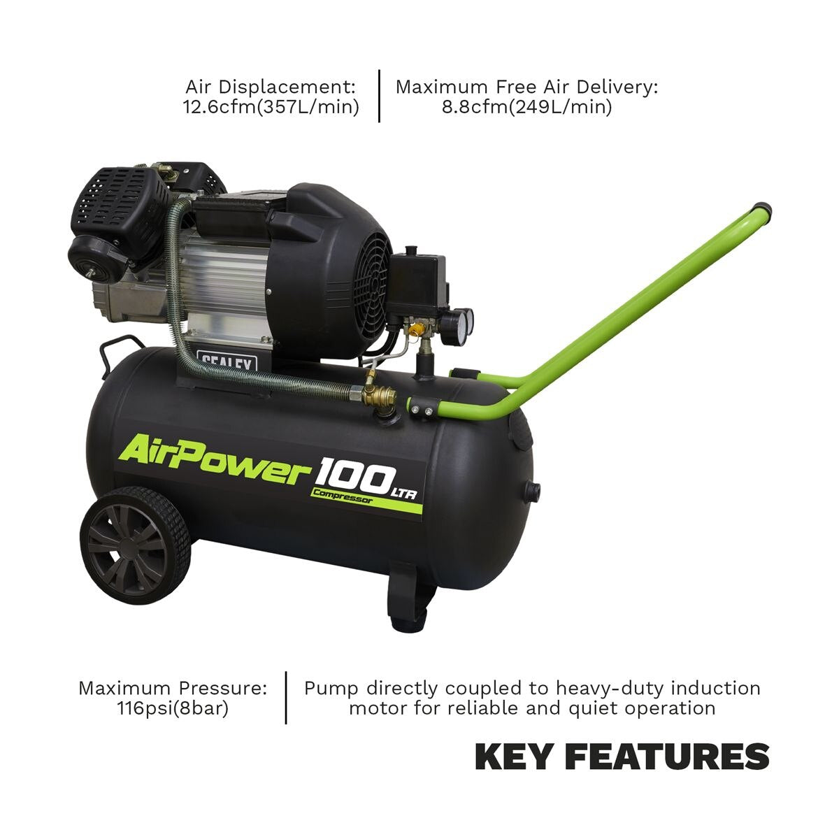 Sealey 100L V-Twin Direct Drive Air Compressor 3hp - Image 2