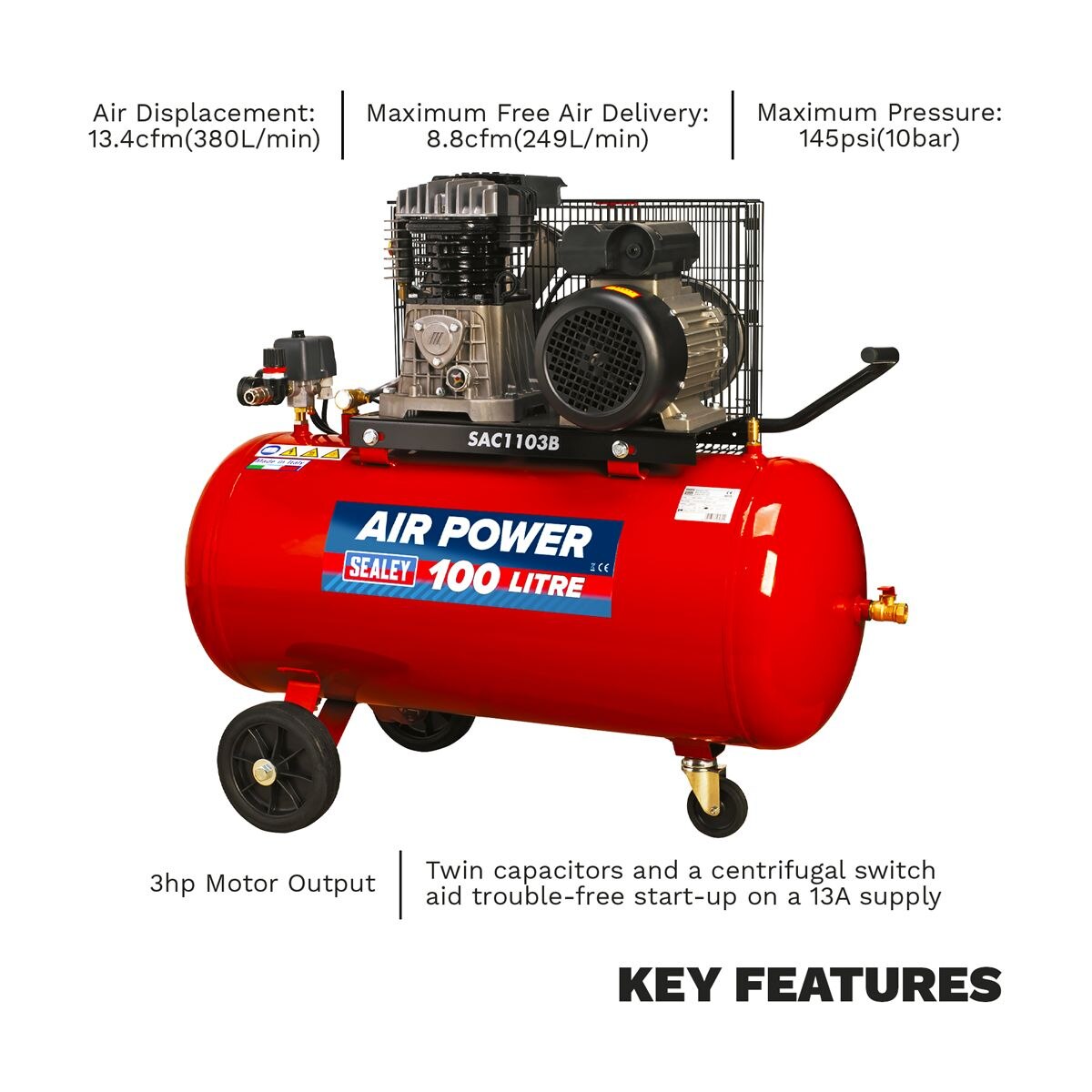 Sealey 100L Belt Drive Air Compressor with Cast Cylinders & Wheels 3hp - Image 3