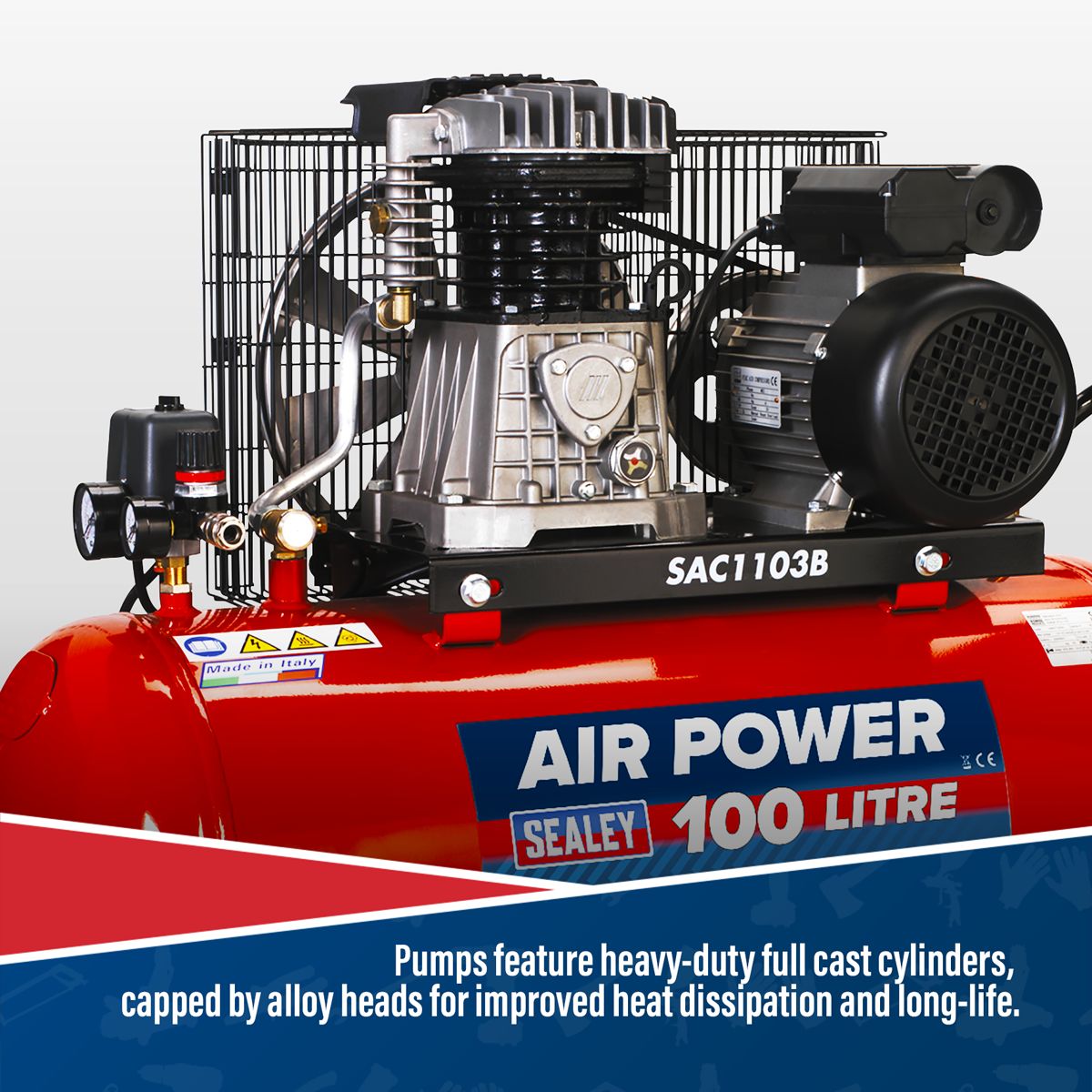 Sealey 100L Belt Drive Air Compressor with Cast Cylinders & Wheels 3hp - Image 4
